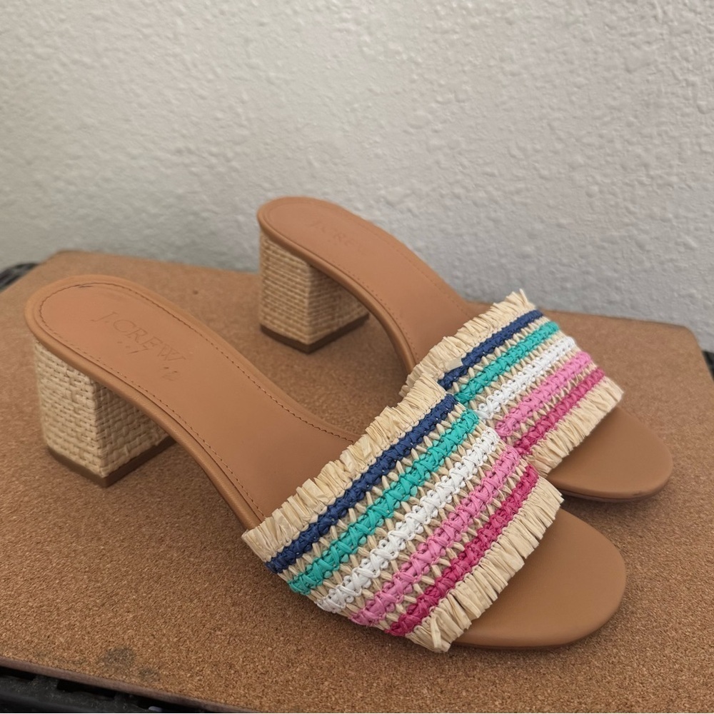 J. Crew Mule Block Heel Faux Raffia Rainbow Stripes